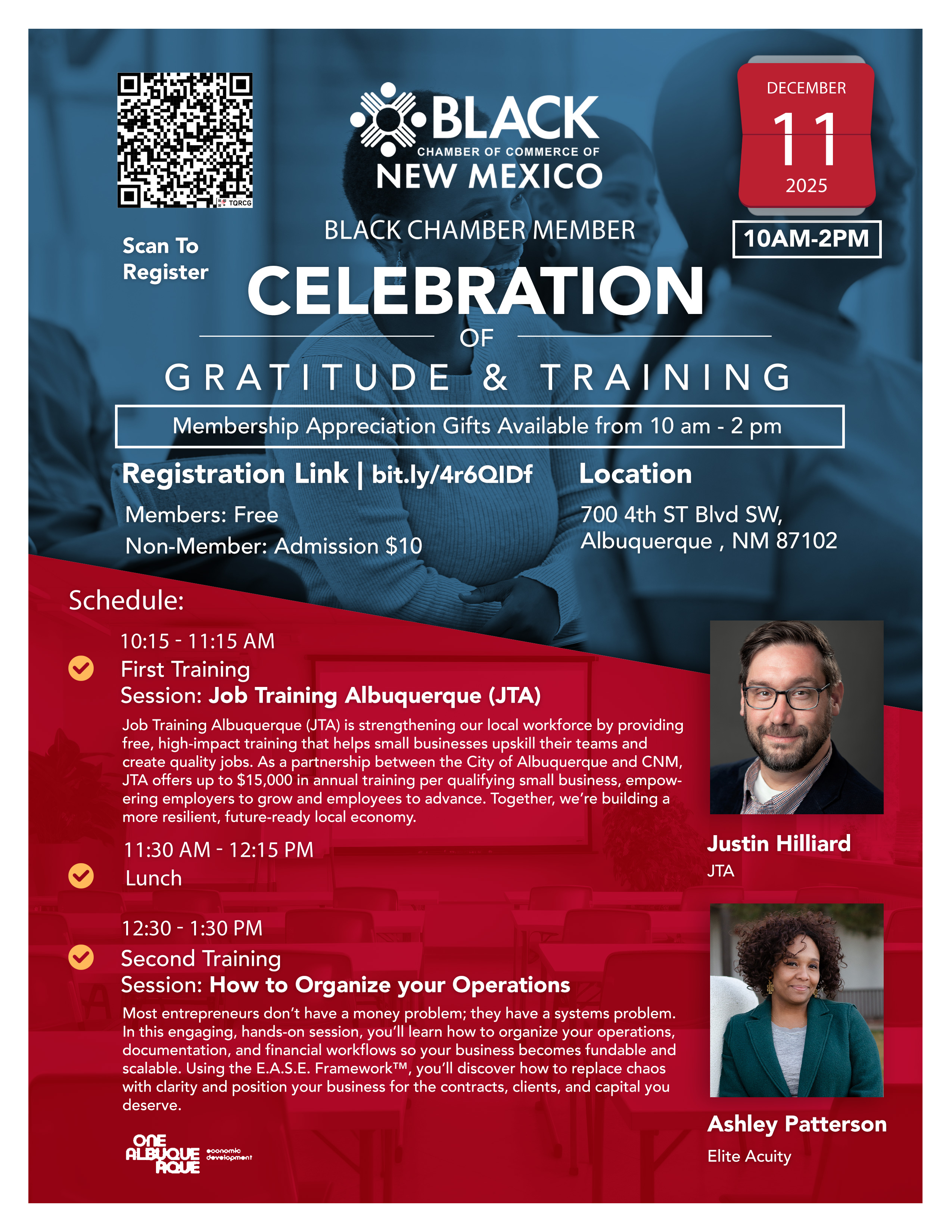 Flyer for the Black Chamber of Commerce of New Mexico event titled 'Black Chamber Member Celebration of Gratitude & Training,' taking place December 11, 2025, from 10 AM to 2 PM. The design includes a QR code for registration and lists member admission as free and non-member admission as $10. The schedule includes a Job Training Albuquerque session with speaker Justin Hilliard at 10:15 AM, a lunch break at 11:30 AM, and a session on organizing business operations at 12:30 PM with speaker Ashley Patterson. The flyer features their photos and the event location at 700 4th Street SW Blvd, Albuquerque, NM 87102, with membership appreciation gifts available during the event.