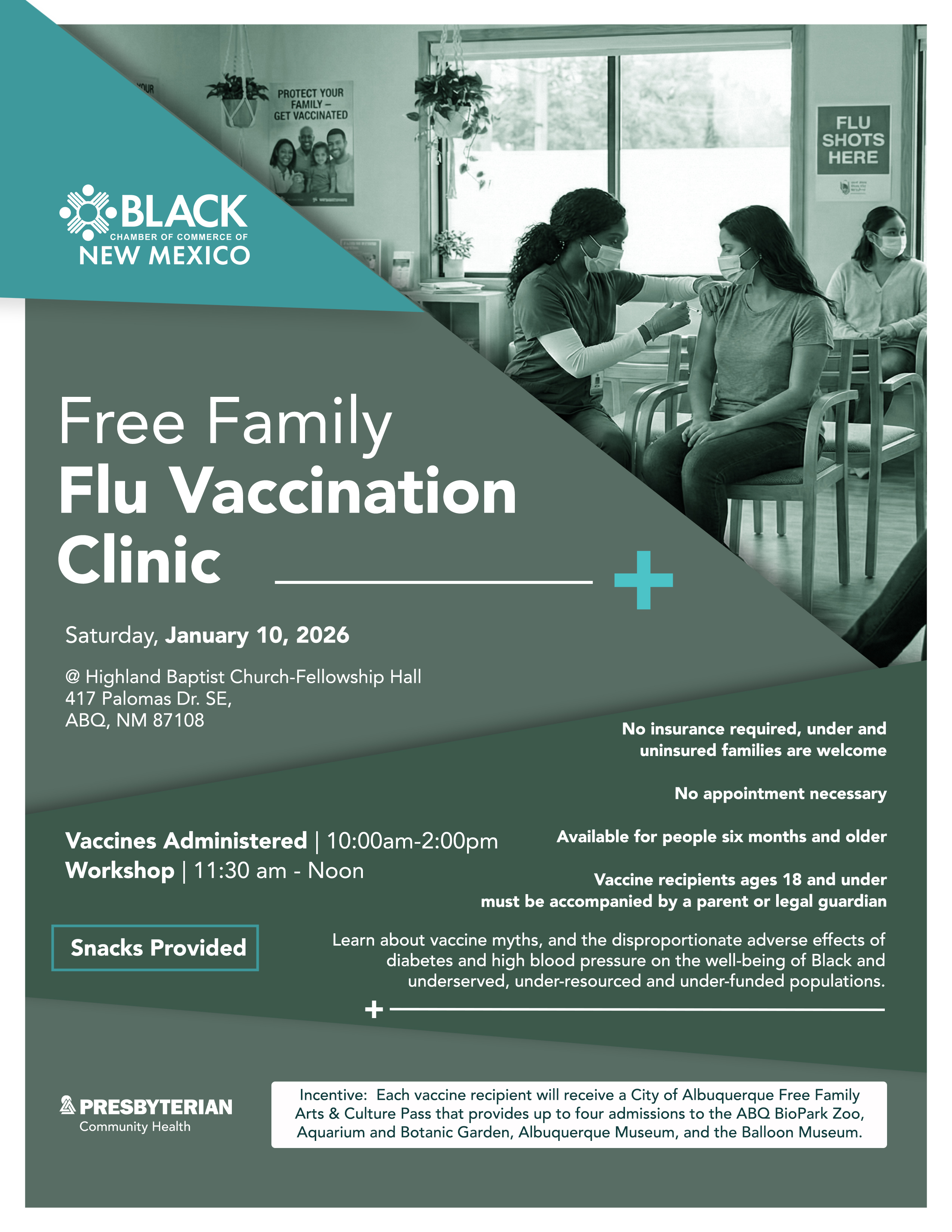 Free Family Flu Vaccination Clinic hosted by the Black Chamber of Commerce of New Mexico on Saturday, January 10, 2026, at Highland Baptist Church Fellowship Hall, 417 Palomas Drive SE, Albuquerque, New Mexico. Vaccines are administered from 10:00 am to 2:00 pm with a workshop from 11:30 am to noon. No insurance required, no appointment necessary, and underinsured and uninsured families are welcome. Available for people six months and older. Vaccine recipients ages 18 and under must be accompanied by a parent or legal guardian. Snacks are provided. Each vaccine recipient receives a City of Albuquerque Free Family Arts and Culture Pass. Flyer includes an image of a healthcare worker giving a flu vaccination in a community clinic.