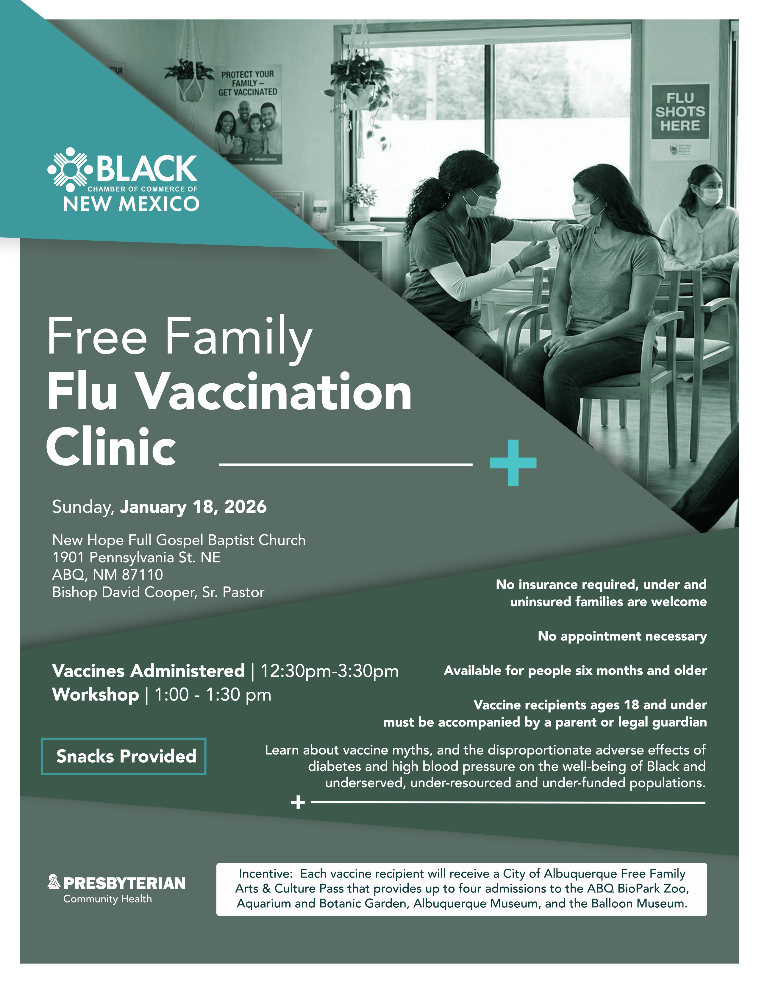 Free Family Flu Vaccination Clinic hosted by the Black Chamber of Commerce of New Mexico on Sunday, January 18, 2026, at New Hope Full Gospel Baptist Church, 1901 Pennsylvania Street NE, Albuquerque, New Mexico. Vaccines are administered from 12:30 pm to 3:30 pm with a workshop from 1:00 pm to 1:30 pm. No insurance required, no appointment necessary, and underinsured and uninsured families are welcome. Available for people six months and older. Vaccine recipients ages 18 and under must be accompanied by a parent or legal guardian. Snacks are provided. Each vaccine recipient receives a City of Albuquerque Free Family Arts and Culture Pass. Flyer features a photo of a masked healthcare worker administering a flu shot in a waiting room setting.