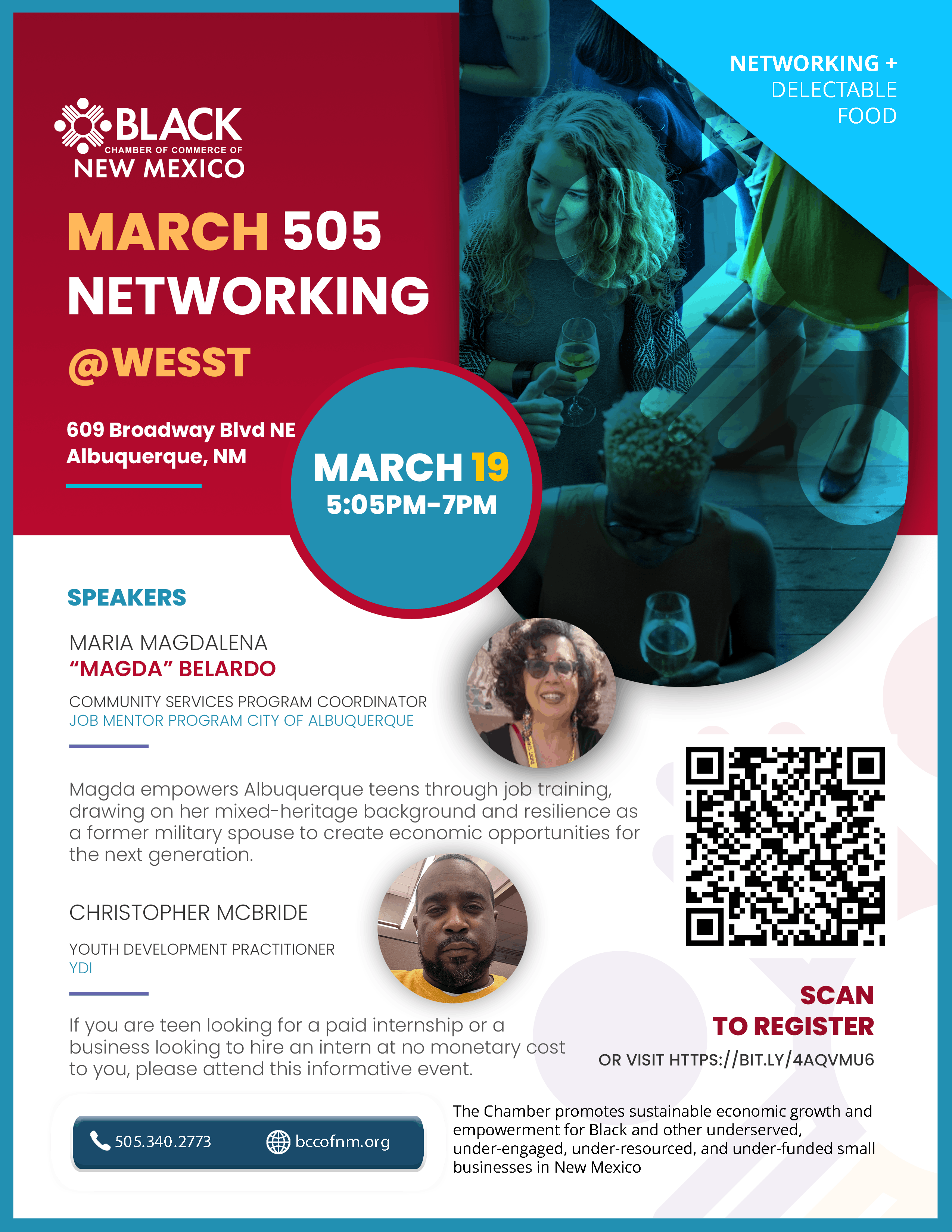 A promotional flyer for a networking event titled "NETWORKING + DELECTABLE FOOD" hosted by MARCH 505 at WESST. The event takes place on March 19 from 5:05 PM to 7:00 PM at 609 Broadway Blvd NE, Albuquerque, NM. Featured speakers include Maria Magdalena “Magda” Belardo, Community Services Program Coordinator for the Job Mentor Program at the City of Albuquerque, and Christopher McBride, Youth Development Practitioner at YDI. The flyer encourages teens seeking paid internships and businesses interested in hosting interns to attend. Logos for MARCH 505 and WESST are also shown.