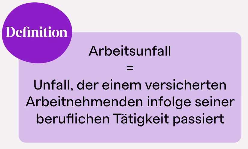 Arbeitsunfall = Unfall, der einem versicherten Arbeitnehmenden infolge seiner beruflichen Tätigkeit passiert