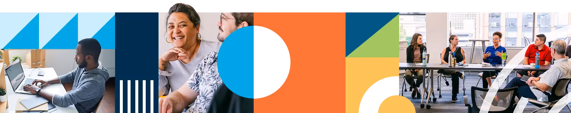 Grid using colored shapes and photos representing Coaching Development & Training