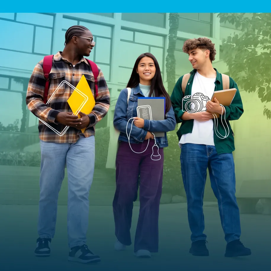 Two male students and a female student walking together, as their future career is drawn on top of them 