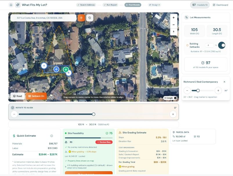 The Smartest First Step Before You Design an ADU Before you fall in love with an ADU design, there’s one critical question: Will it actually fit on your property? Not just legally.
Not just theoretically.
But physically — based on your lot’s true constraints. That’s exactly why we built What Fits My Lot.