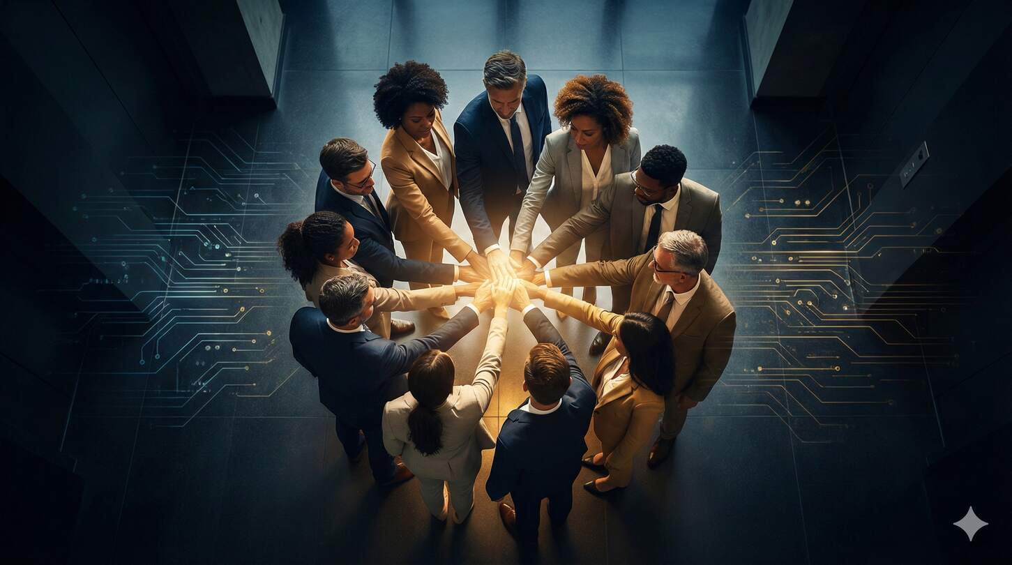 A team of professional in a business huddle.