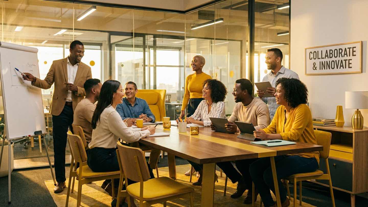 Diverse professionals collaborating in modern office - representing human factors in AI adoption