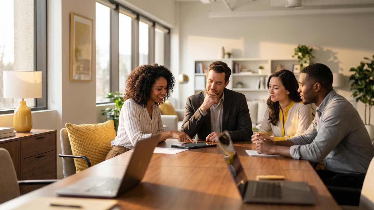 Business team collaborating in a warm, modern office environment discussing strategy