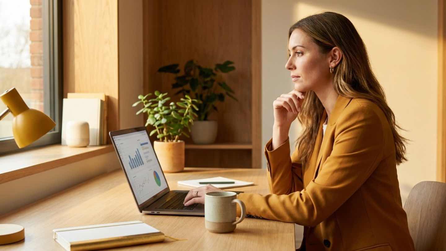 Marketing professional working at modern desk with laptop, reviewing data with focused expression, warm natural lighting