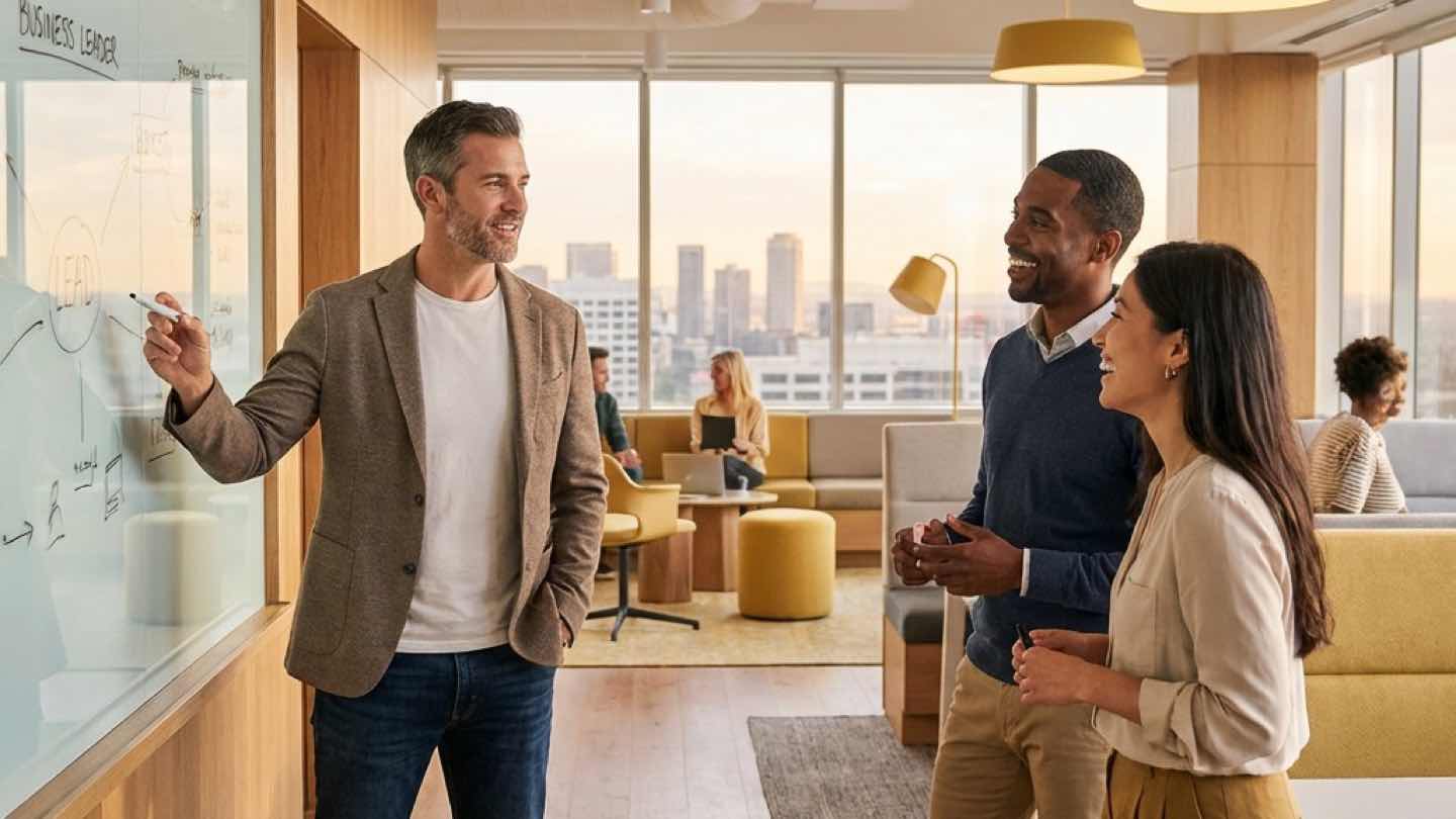 Diverse business professionals collaborating on AI strategy in a modern office with warm lighting