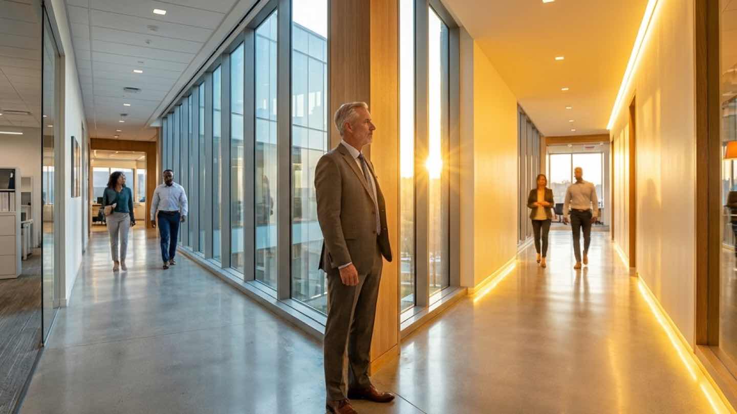 Business leader standing at a crossroads in a modern office, one path glowing with warm golden light representing AI-driven reinvention
