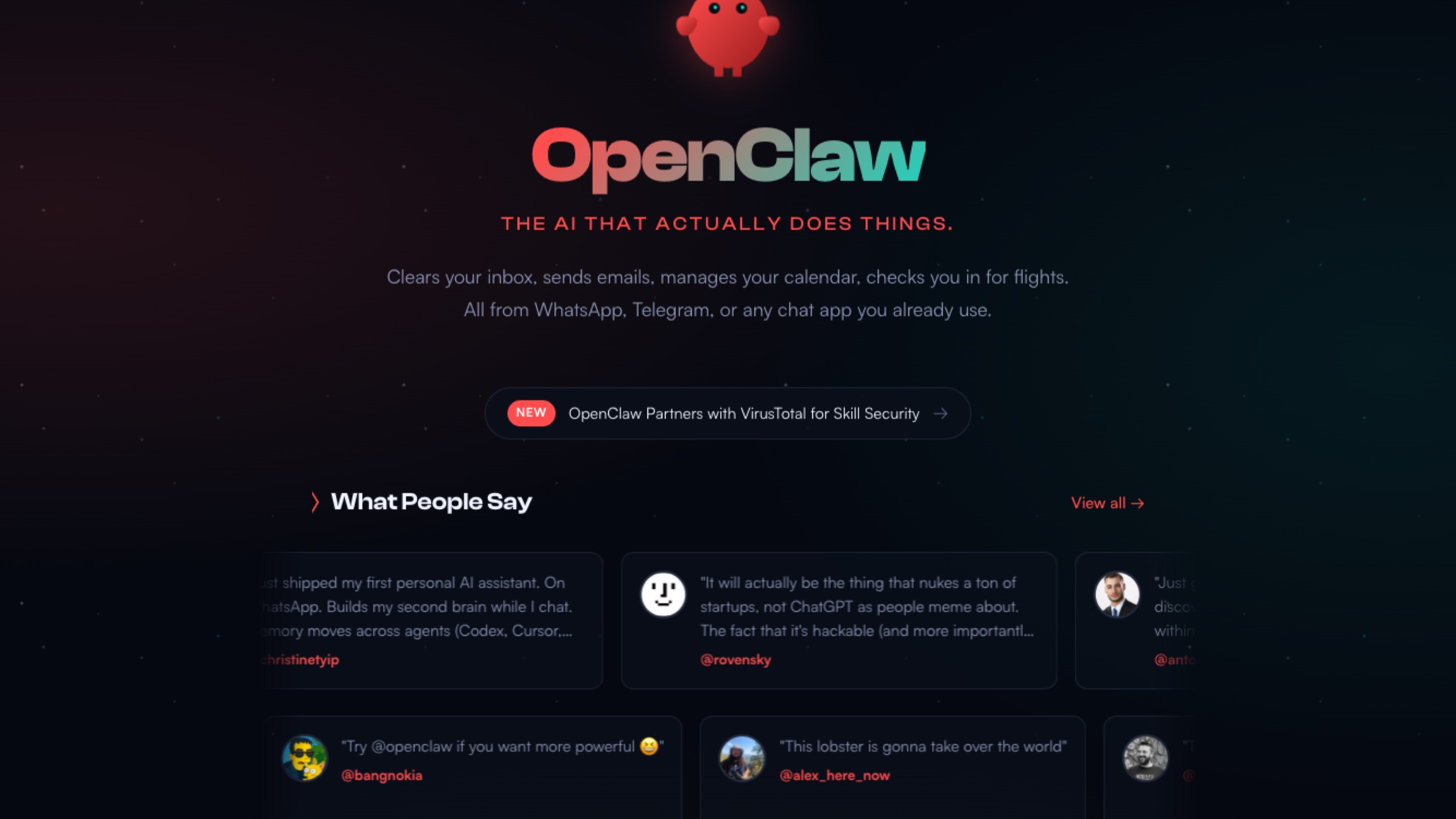 OpenClaw homepage showing the AI agent platform with its red lobster mascot and tagline The AI That Actually Does Things