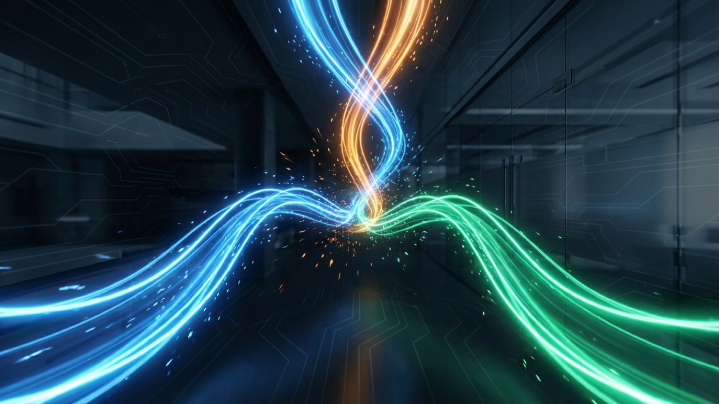 Three converging streams of blue orange and green light energy representing the AI agent arms race between OpenAI Anthropic and Google