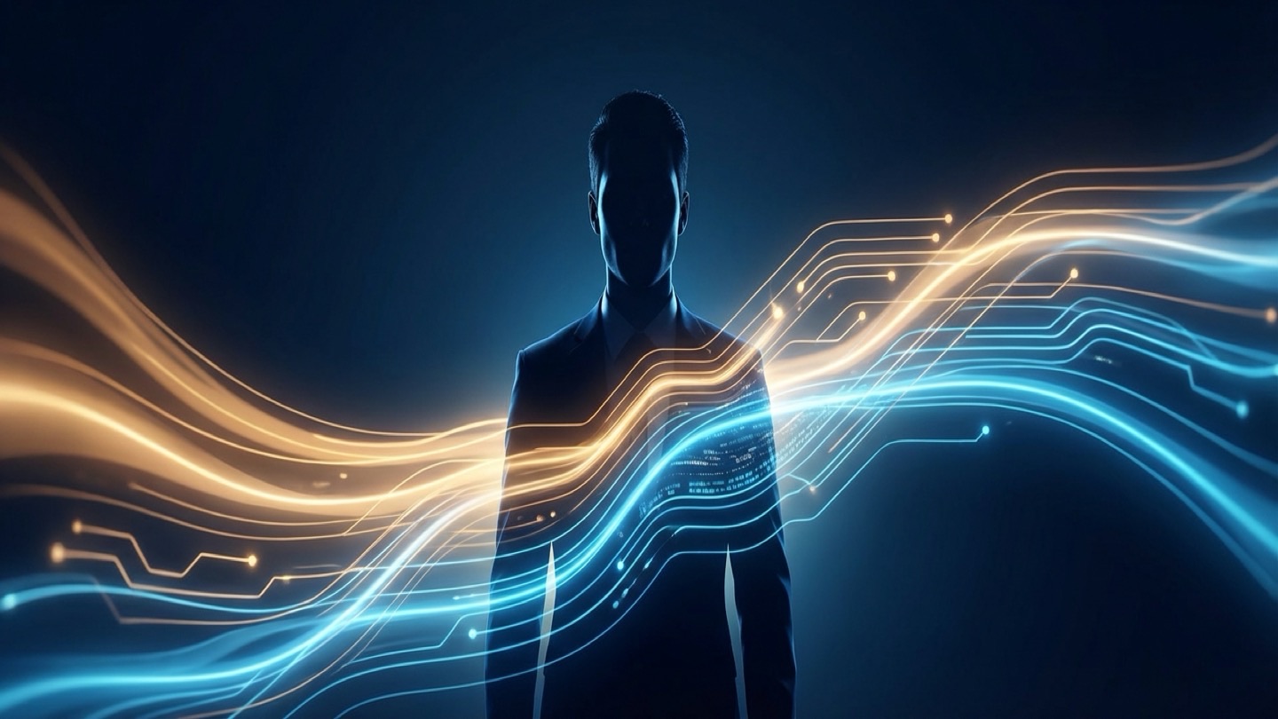 Abstract visualization of executive leadership transformation with converging streams of golden and blue light around a human silhouette