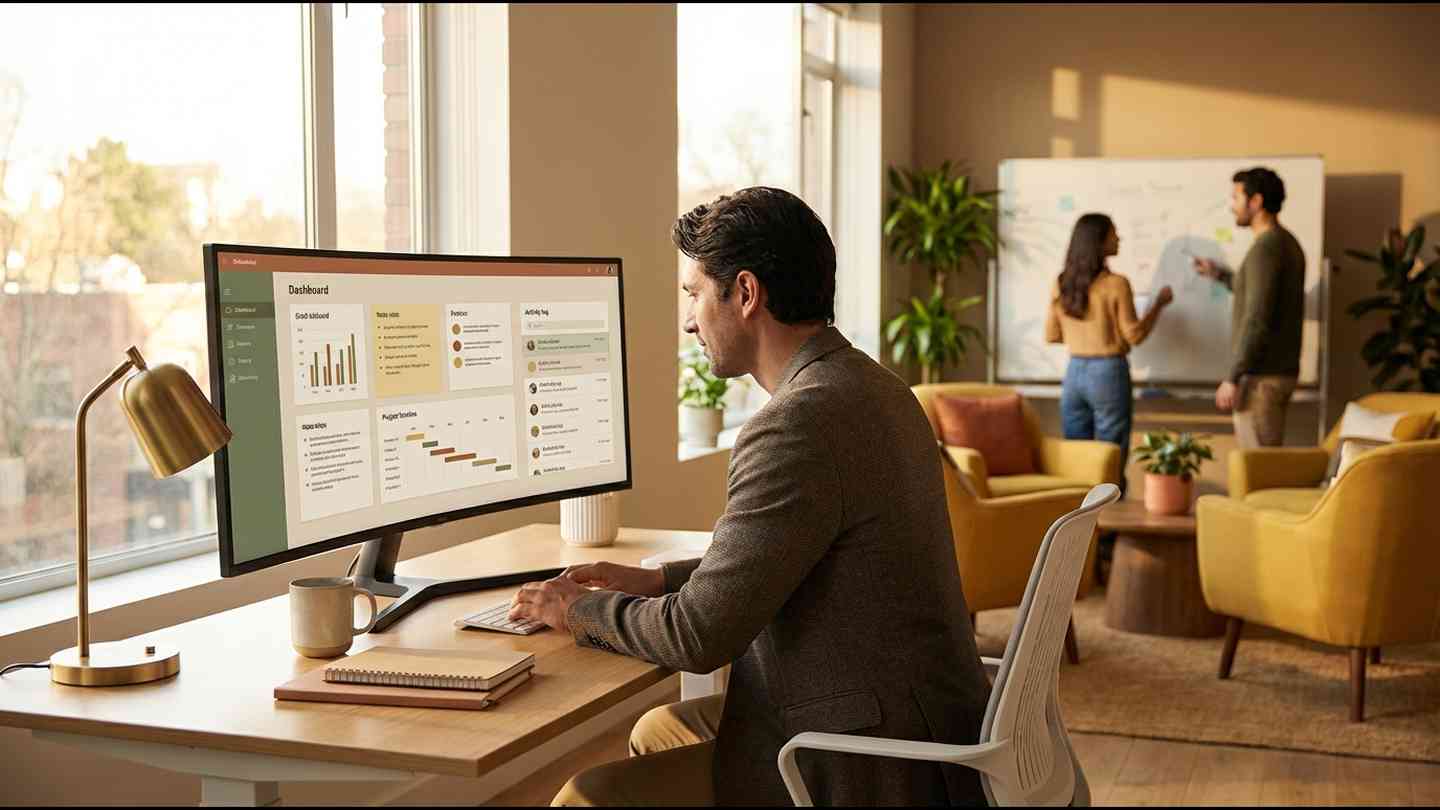 A professional reviewing AI interface with persistent business context on screen — representing OS-level AI that knows the organization