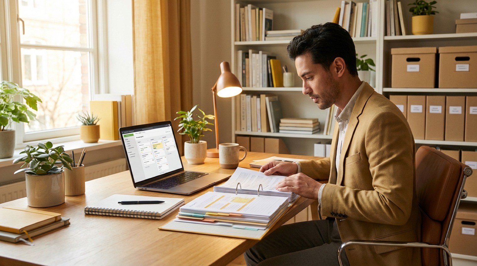 Professional at organized desk with layered notebooks and laptop, warm natural light