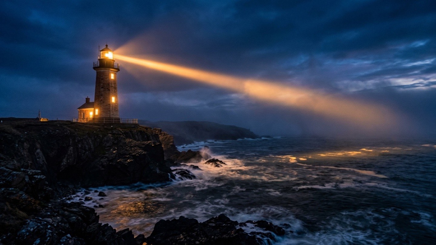 A lighthouse on rocky coastal cliffs at blue hour, amber beam cutting through ocean fog