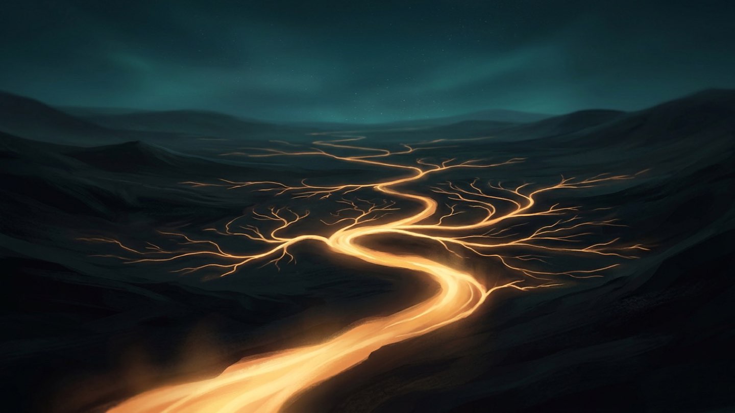 Aerial view of a river delta transitioning into glowing data networks, representing the transformation from raw information to structured living knowledge