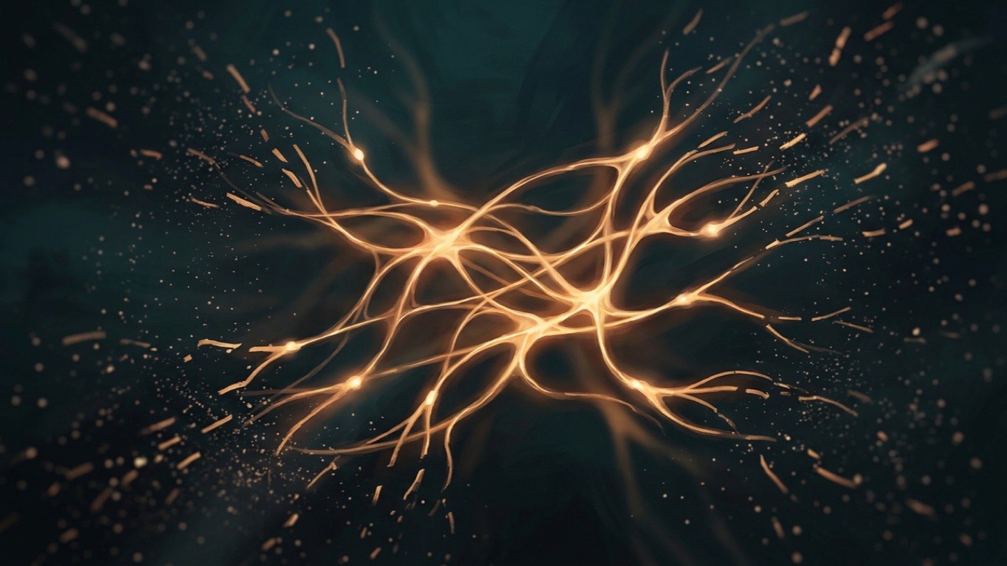 Abstract visualization of neural pathways fragmenting against a dark teal background, representing cognitive overload from AI brain fry