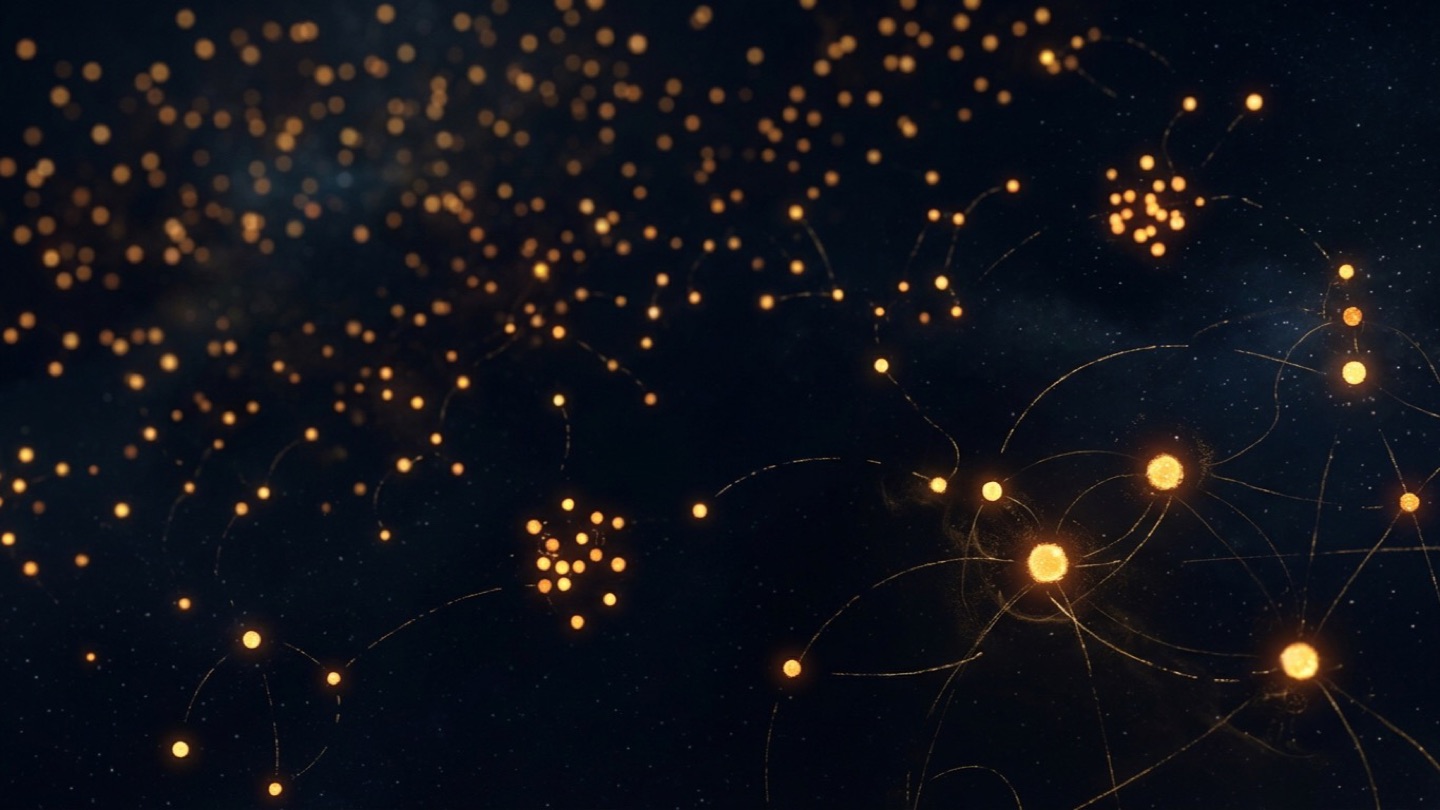 Abstract visualization of isolated glowing amber nodes scattered across dark space, representing AI agent sprawl without a unifying architecture