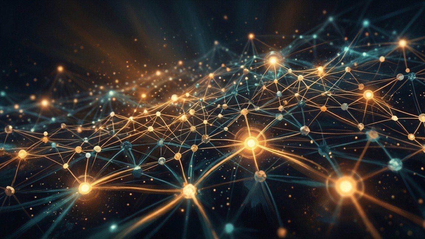 Abstract visualization of interconnected governance nodes with amber and teal light pulses representing trustworthy AI agent architecture