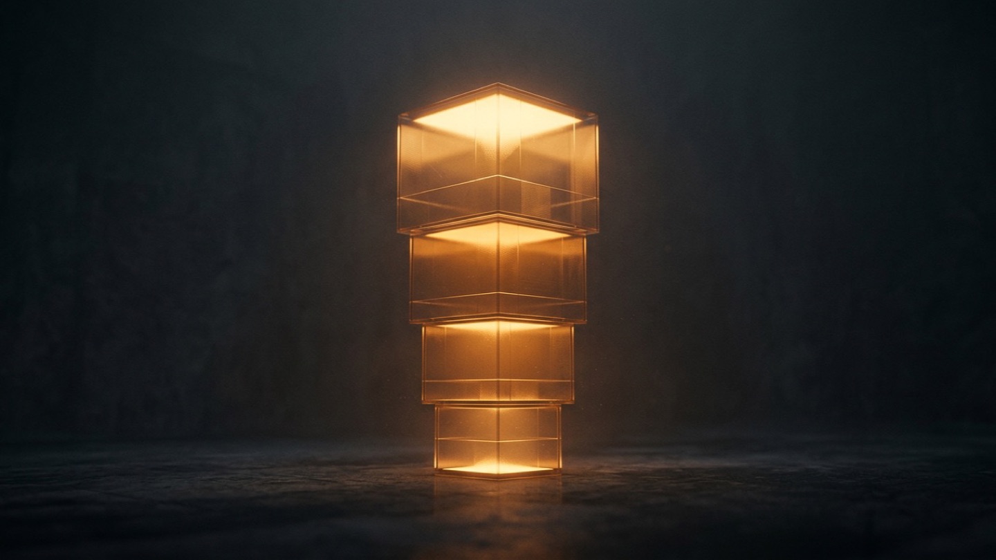 Four translucent architectural layers stacking into a column of light — abstract visualization of the four AI maturity stages