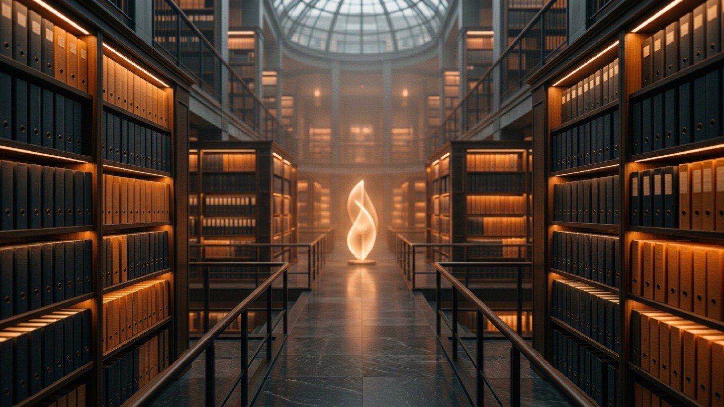 Architectural library interior with illuminated folders representing AI skills architecture — editorial photography with warm amber lighting