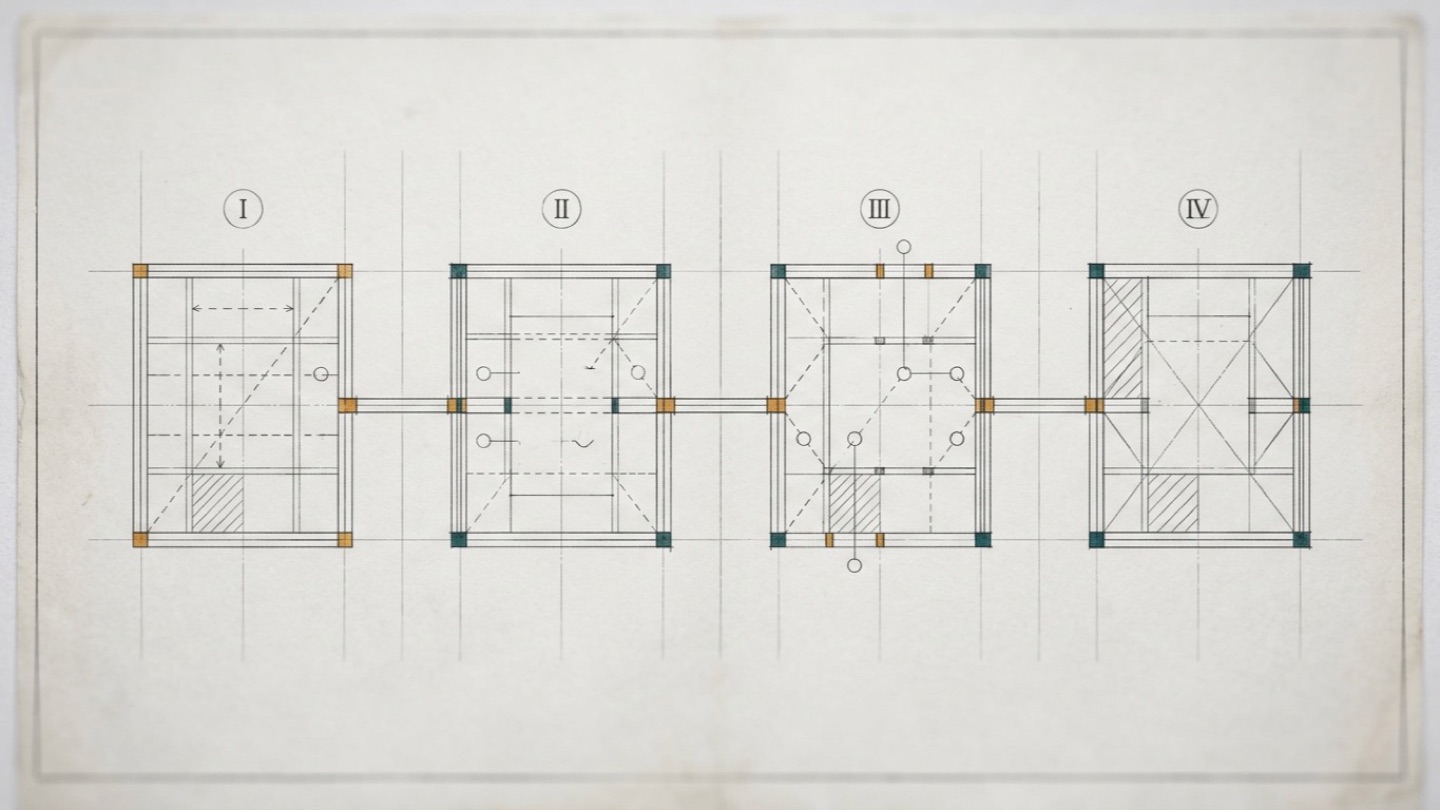 Architectural blueprint schematic showing four sequential phases of an AI consulting engagement — Discovery, Architecture Design, Build, and Handover