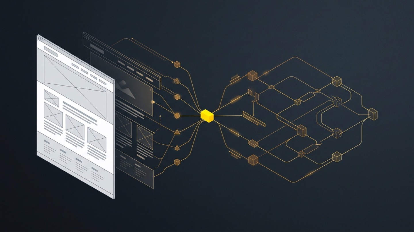 A website wireframe transitioning into an agentic protocol handshake diagram with a yellow accent node — representing the shift from human-readable to agent-readable commerce architecture.