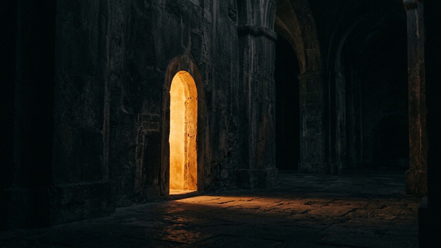 A single illuminated doorway casting amber light through a dark architectural space — conceptual image representing shadow AI and the risks of ungoverned AI use in the workplace.