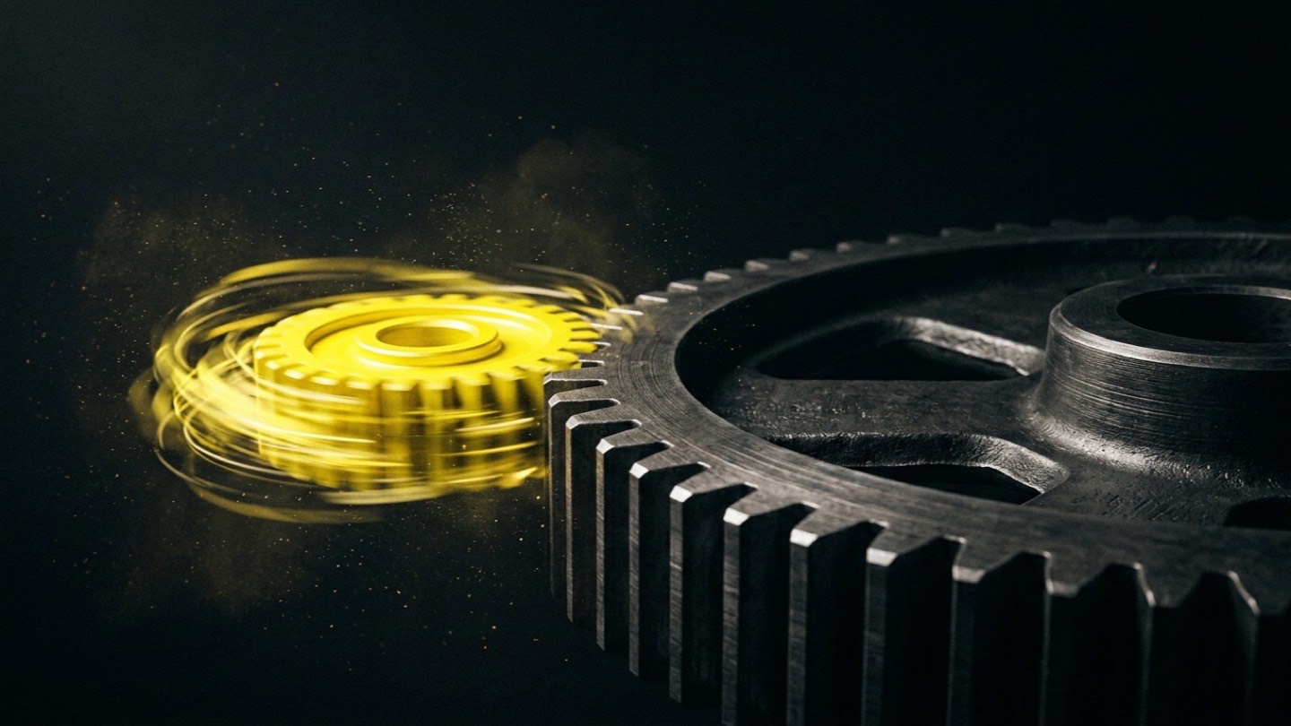 Two interlocking gears on a black field — one small gold gear spinning in a blur of motion, the other vast and still — symbolizing fast work meeting slow cycle time.