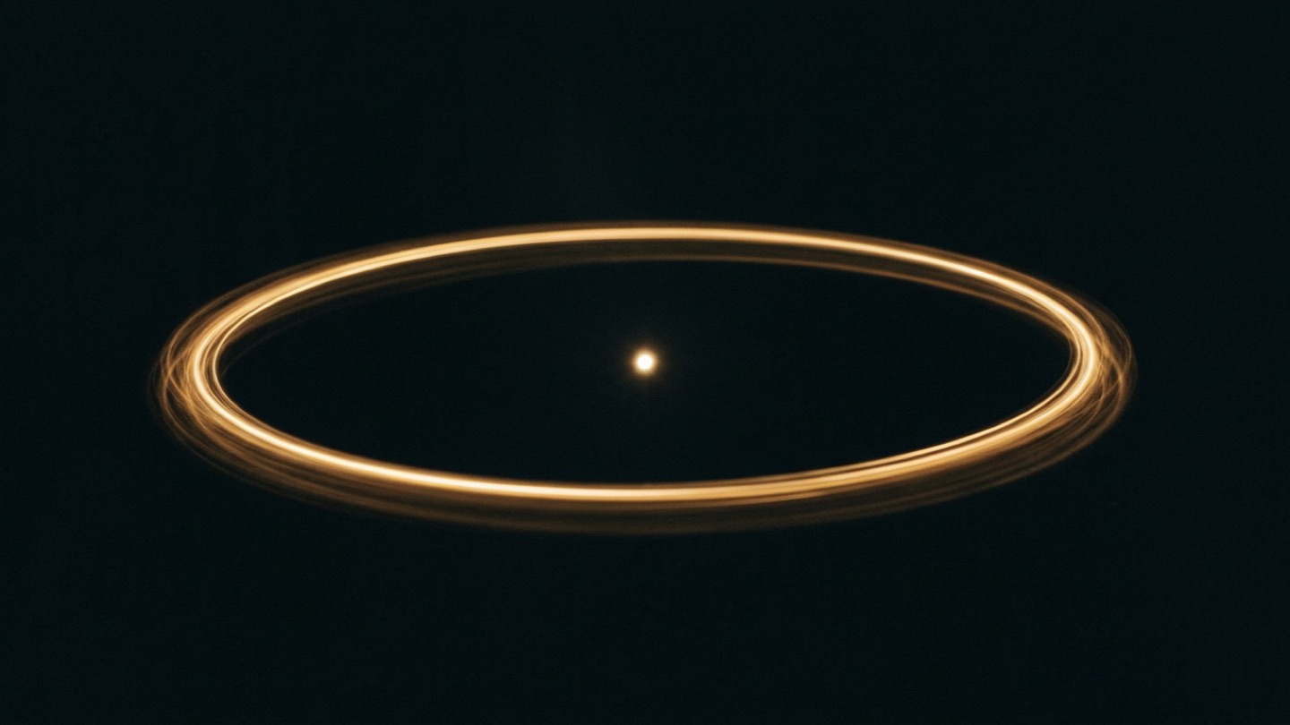 A continuous loop of luminous gold light circling in a deep black field around one still, fixed point of light at the center