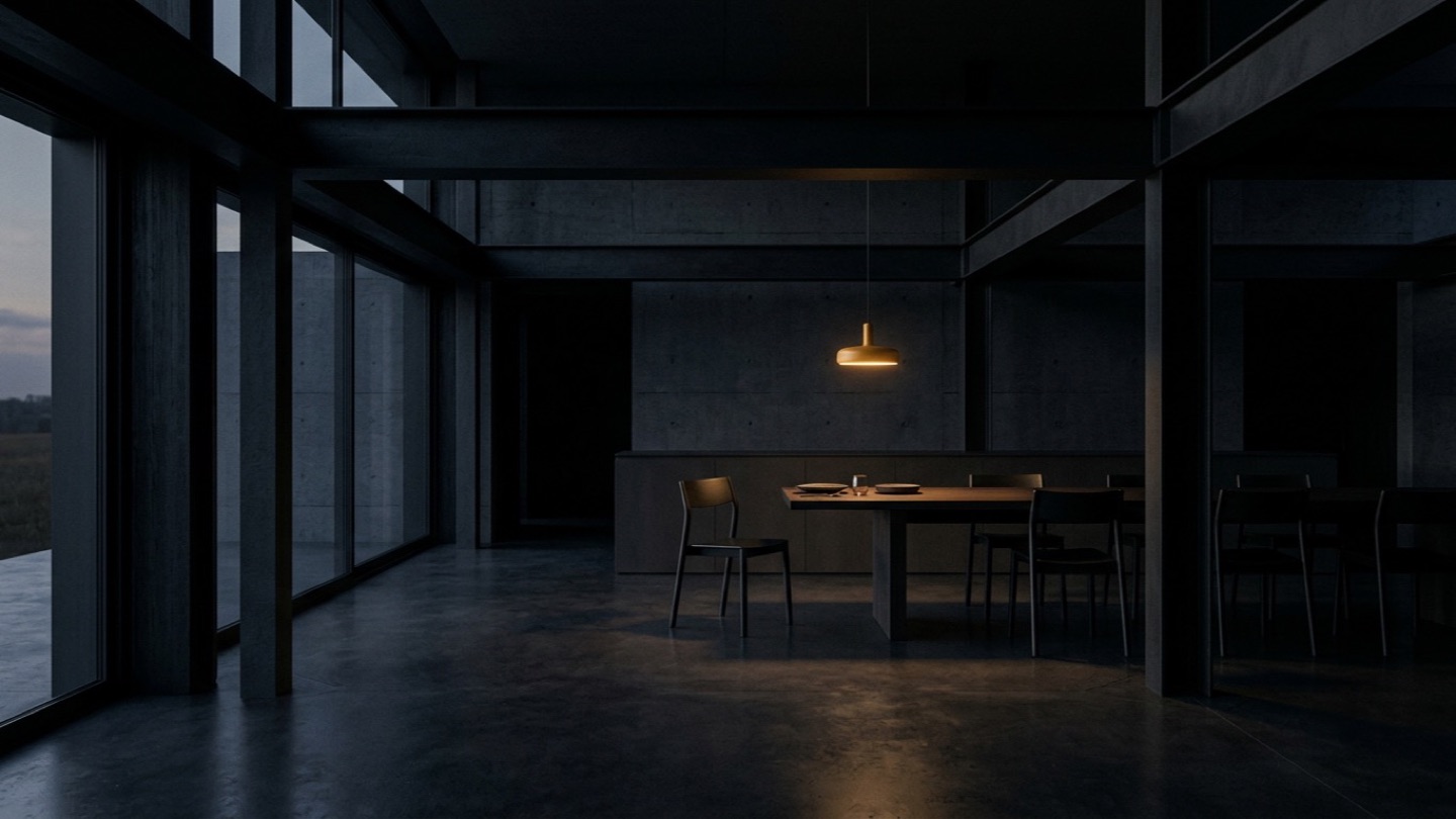 An empty, well-built modern architectural interior in deep near-black tones with a single warm yellow light glowing over one open seat at a dark table