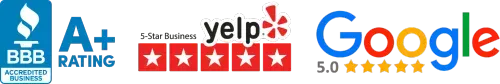 A graphic depicting the ratings from BBB, Yelp and Google