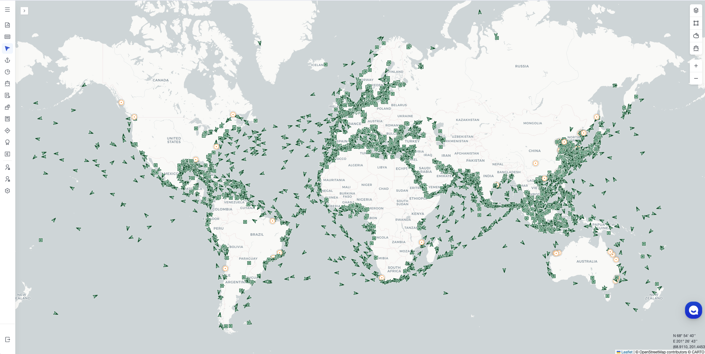 Real-time chemical tanker vessel tracking map interface showing global fleet distribution