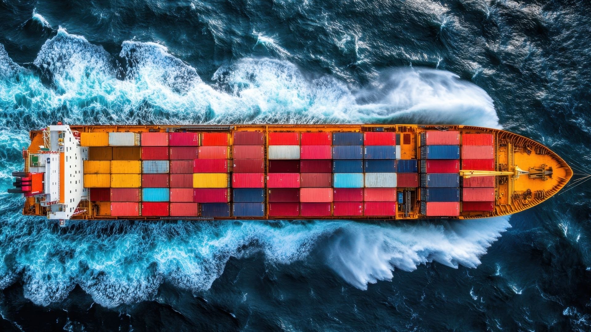 A top down view of a container ship on moving on the turbulent ocean