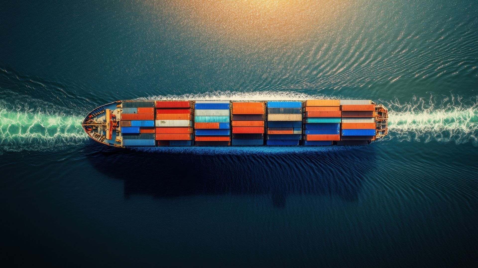A top down view of a container ship on the ocean with multiple containers stacked on top of it