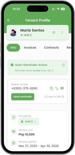 Dashboard screen showing tenant, unit, and income summary with navigation options and a list of active tenants.