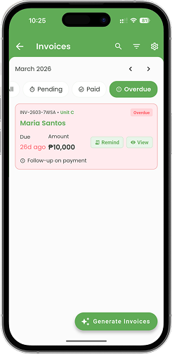 Invoices screen displaying an overdue payment for a tenant with amount due and options to remind or view details.