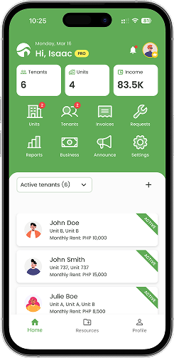 Dashboard screen showing tenant, unit, and income summary with navigation options and a list of active tenants.
