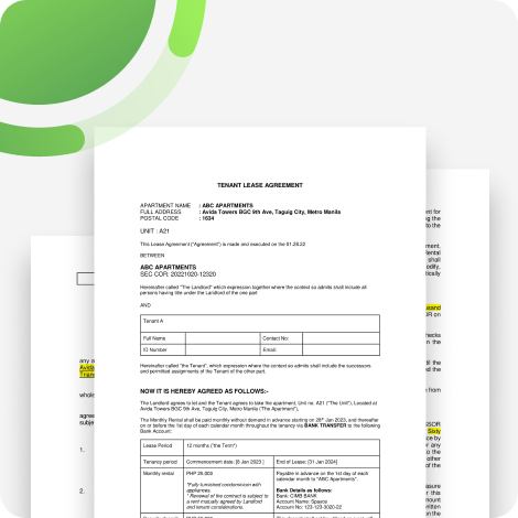 A tenant lease agreement document outlining rental terms, tenant details, and payment information.