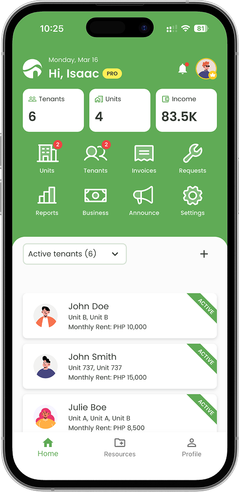 Dashboard screen showing tenant, unit, and income summary with navigation options and a list of active tenants.