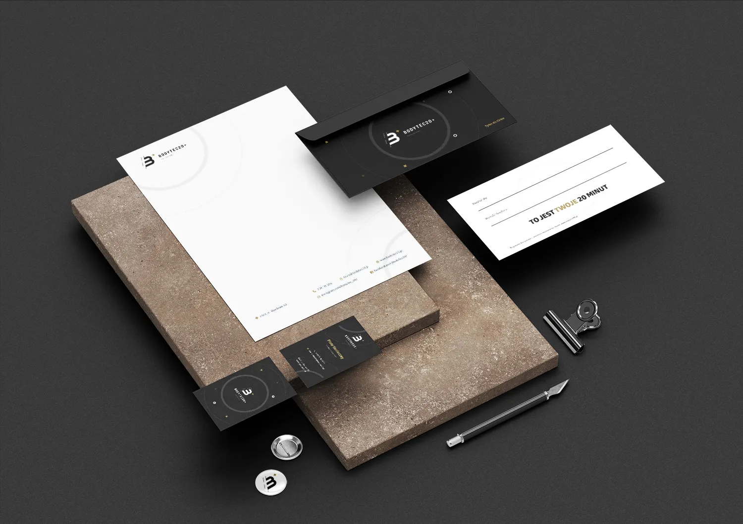 Bodytec20+ letterhead, business cards and envelopes designed as one brand identity system
