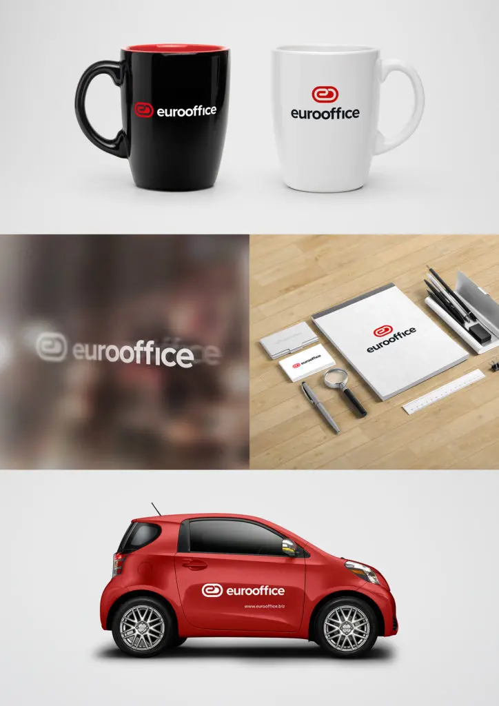 New Eurooffice logo on mugs, letterhead and a company car
