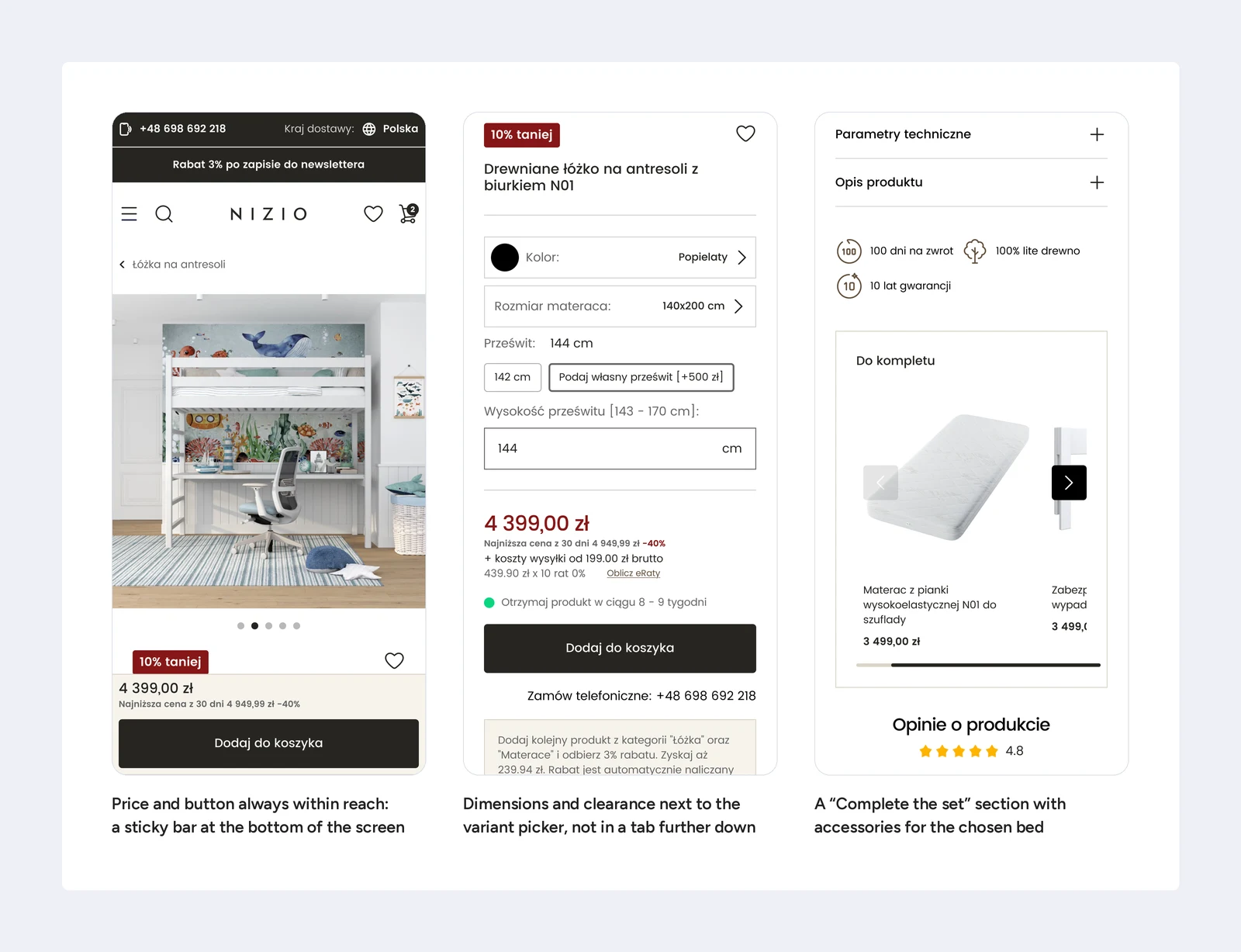 Mobile product page mockup for the Nizio store after the UX audit: sticky bar with price and button, dimensions next to the variant picker, a “Complete the set” section with accessories