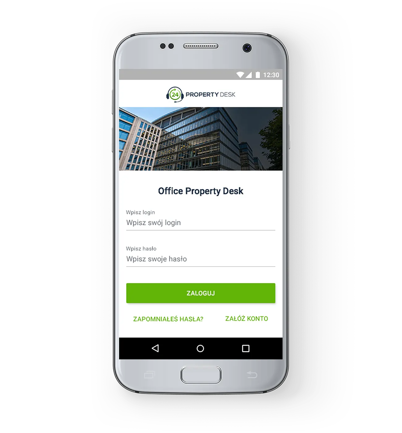 Property Desk mobile app login screen on a phone