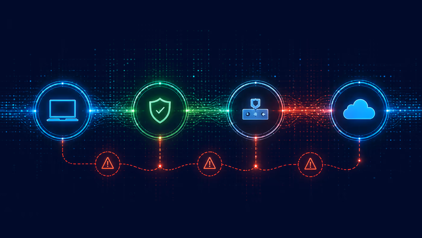 Digitale pictogrammen van laptop, schild, firewall en cloud met waarschuwingssymbolen eronder.