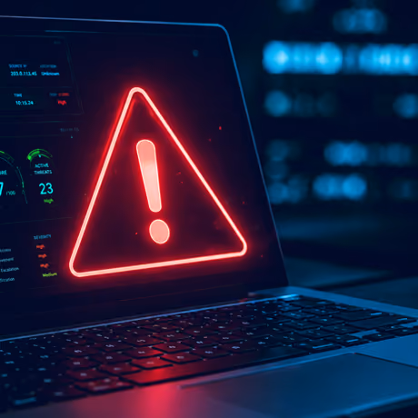 Laptop met een rood waarschuwingssymbool en cybersecuritydata op het scherm.
