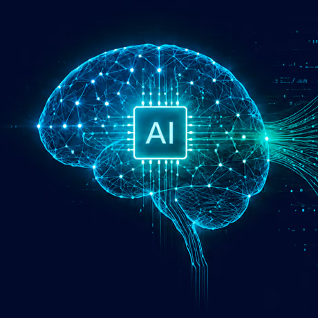 Digitale illustratie van een hersenstructuur met AI-chip en verbonden netwerken.