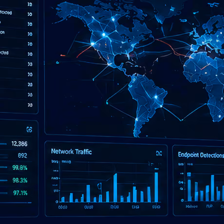 Wereldkaart met netwerkverbindingen en grafieken over netwerkverkeer en endpointdetecties.