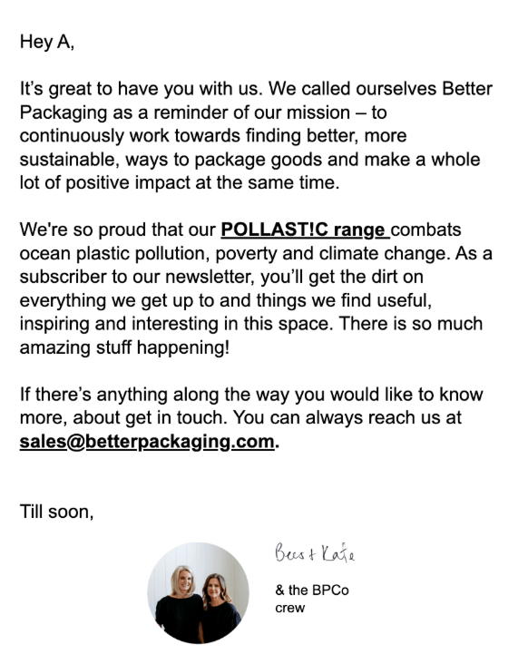 Better Packaging welcome email marketing with environmental focus